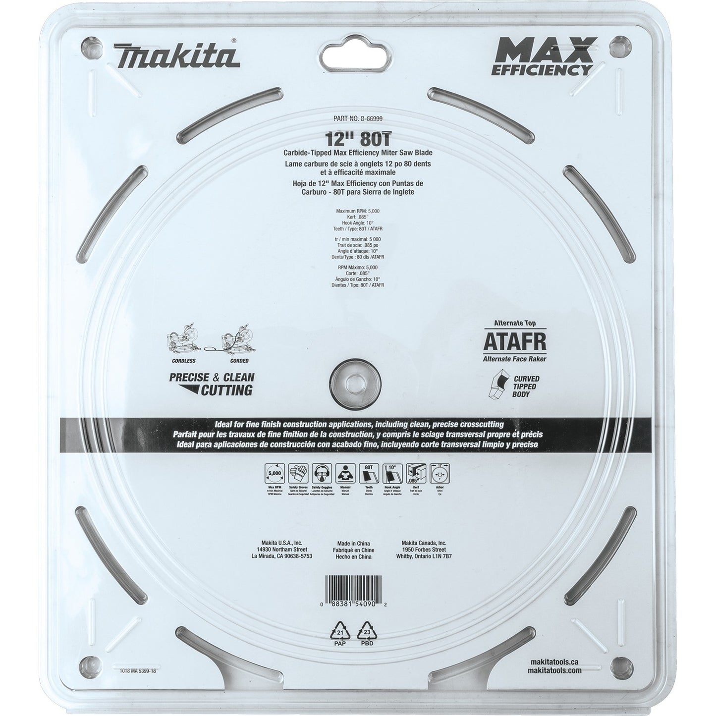 Makita B-66999 12" 80T Carbide‑Tipped Max Efficiency Miter Saw Blade