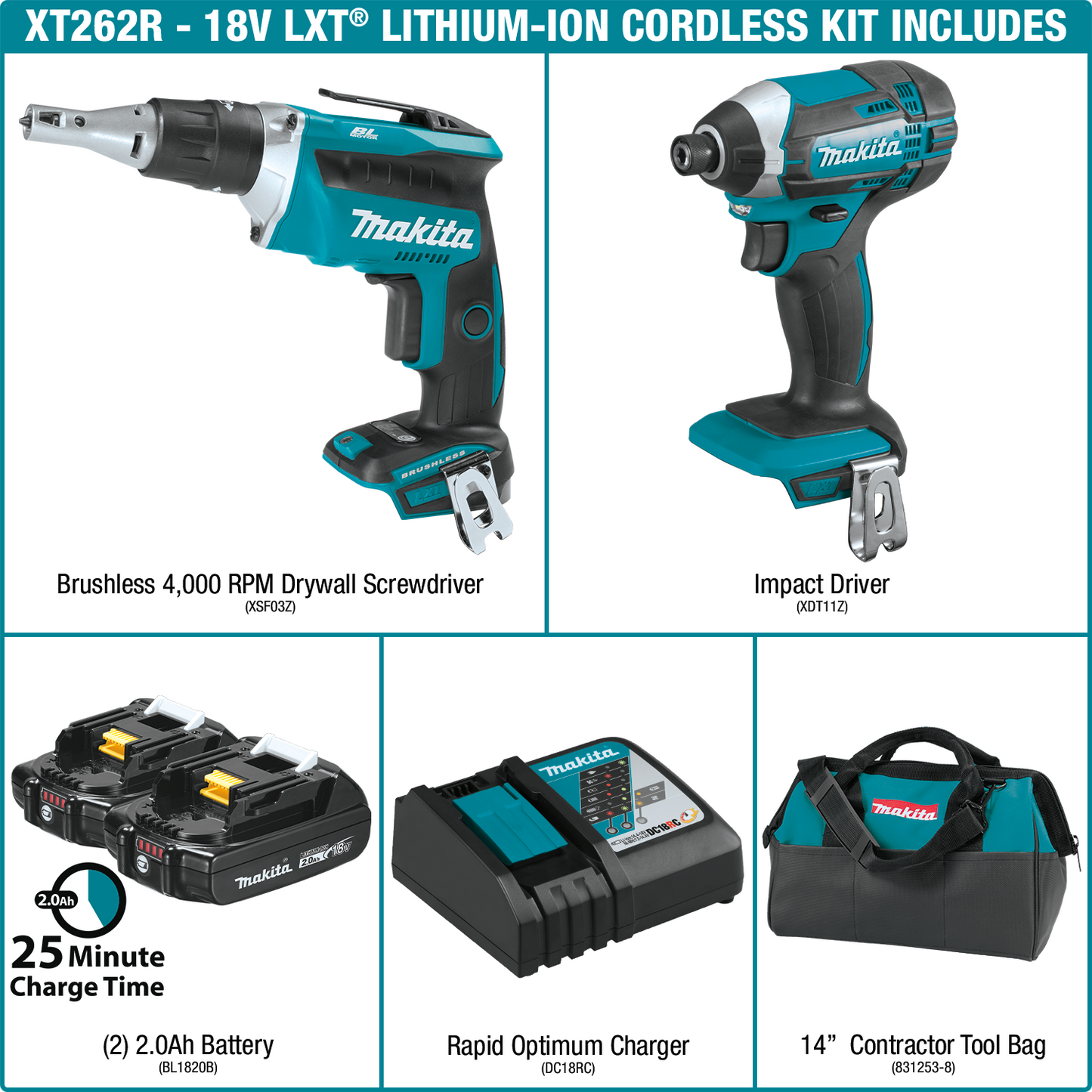 Makita XT262R 18V Lxt® Lithium Ion Compact Cordless 2 Pc. Combo Kit (2.0Ah)