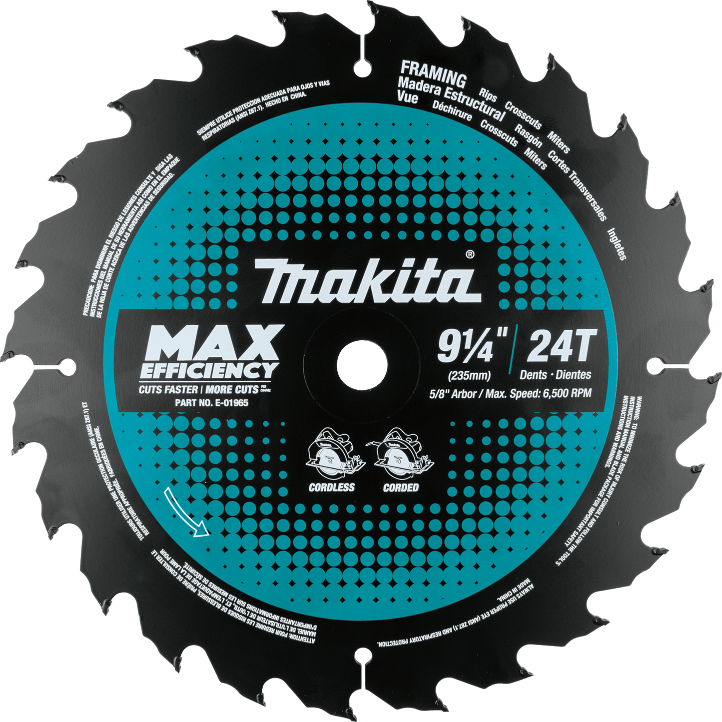 Makita E-01965 9‑1/4" 24T Carbide‑Tipped Max Efficiency Circular Saw Blade, Framing