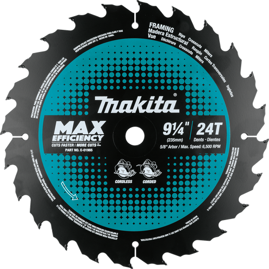 Makita E-01965 9‑1/4" 24T Carbide‑Tipped Max Efficiency Circular Saw Blade, Framing