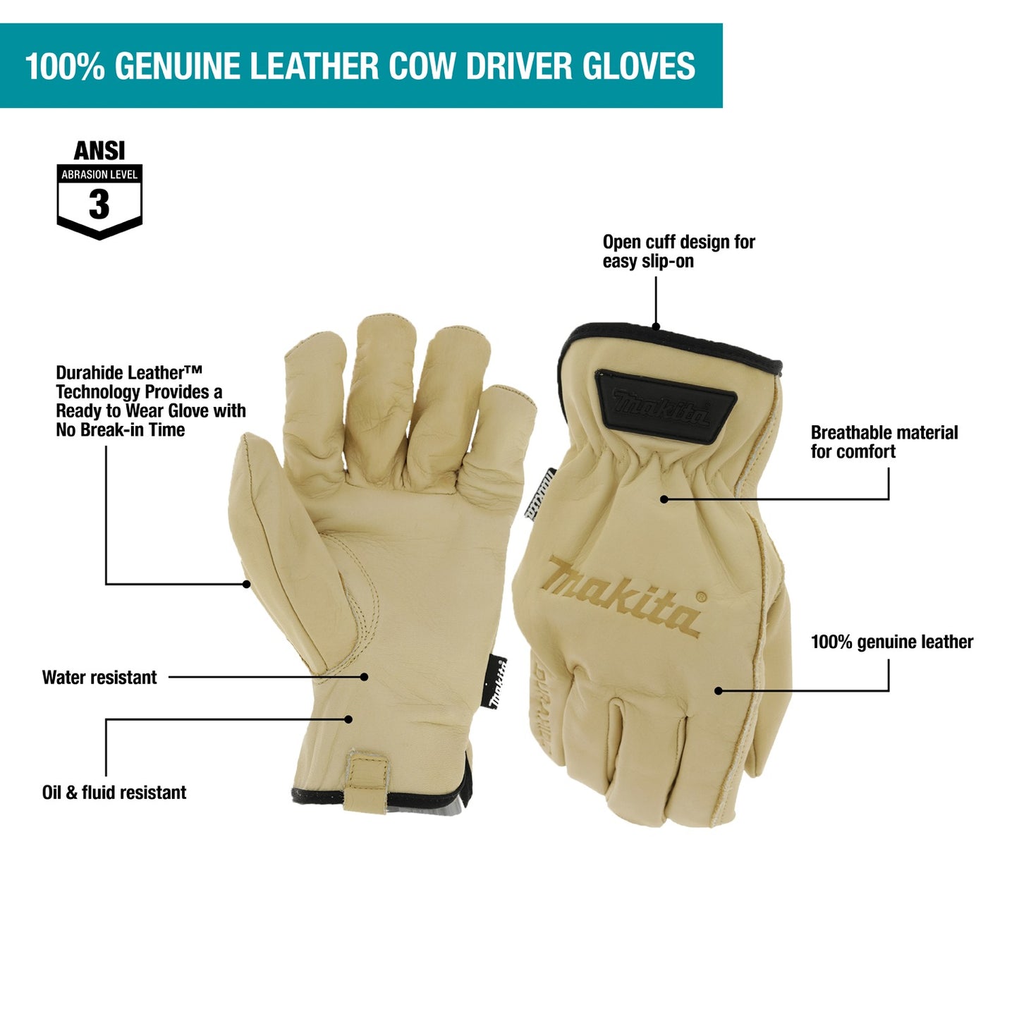 Makita T-04204 100% Genuine Leather Cow Driver Gloves (X‑Large)
