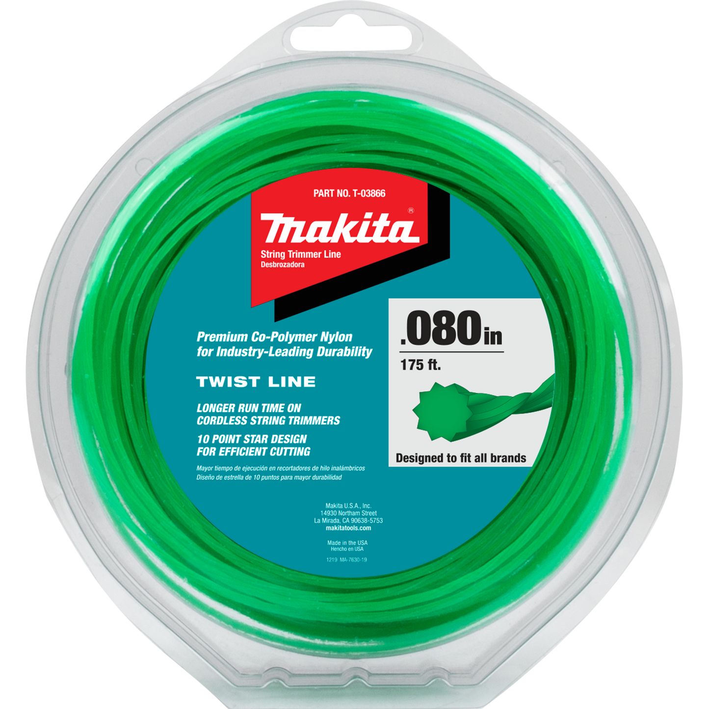 Makita T-03866 Twisted Trimmer Line, 0.080”, Green, 175’, 1/2 lbs.