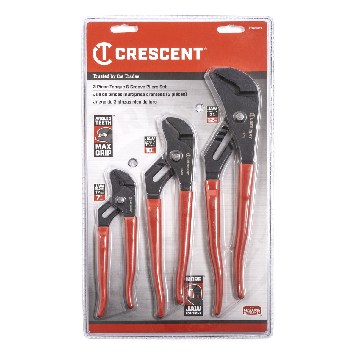 Crescent RT200SET3-05 3 Piece Straight Jaw Dipped Handle Tongue and Groove Plier Set 7", 10" & 12"