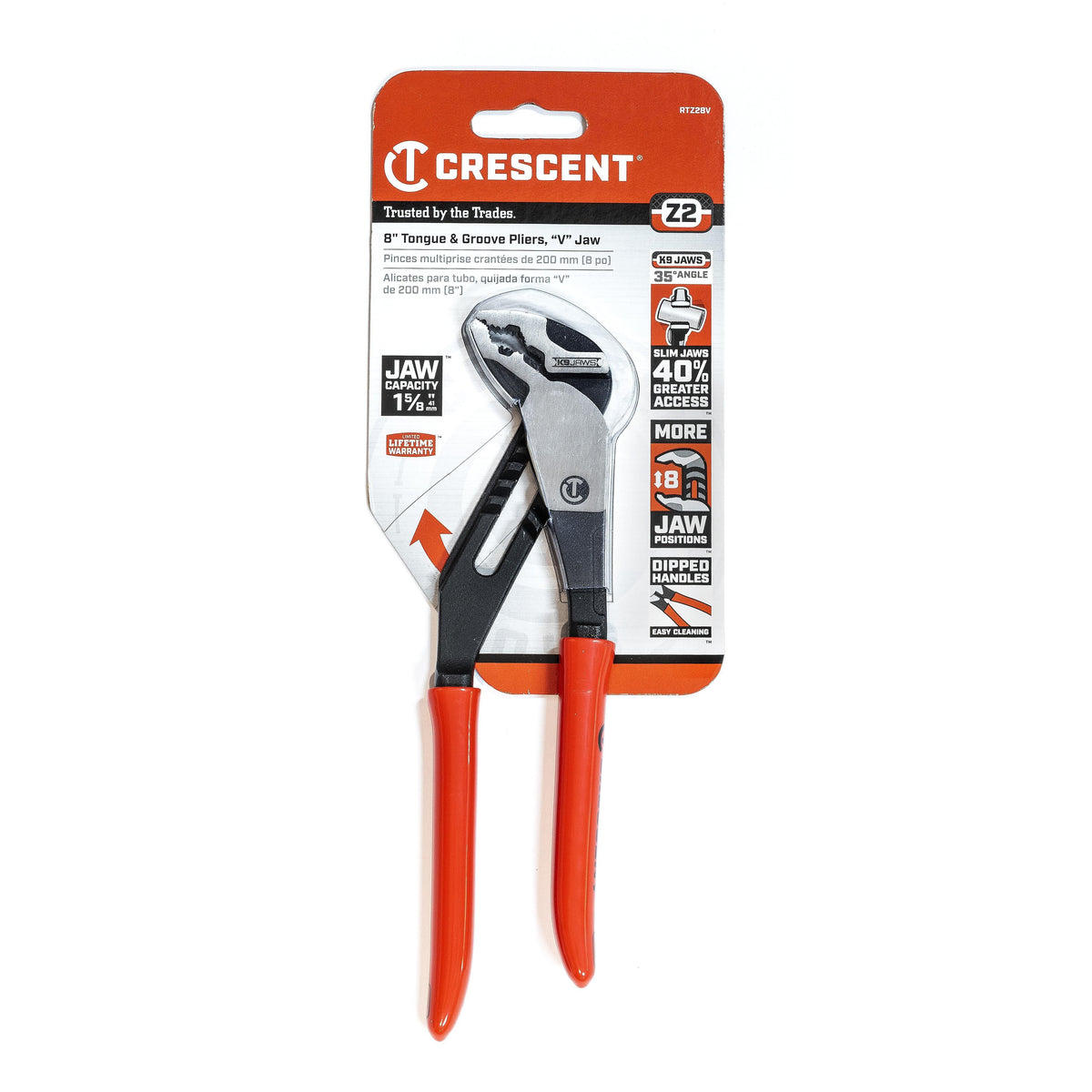 Crescent RTZ28V 8" Z2 K9™ V-Jaw Dipped Handle Tongue and Groove Pliers