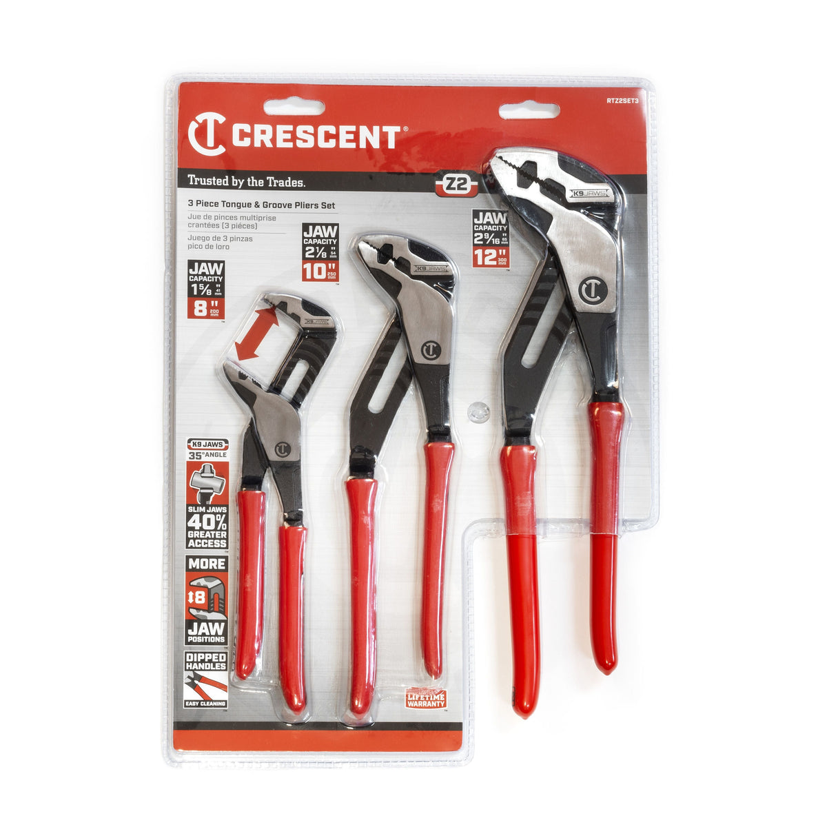 Crescent RTZ2SET3 3 Piece Z2™ K9™ Straight Jaw Dipped Handle Tongue and Groove Plier Set