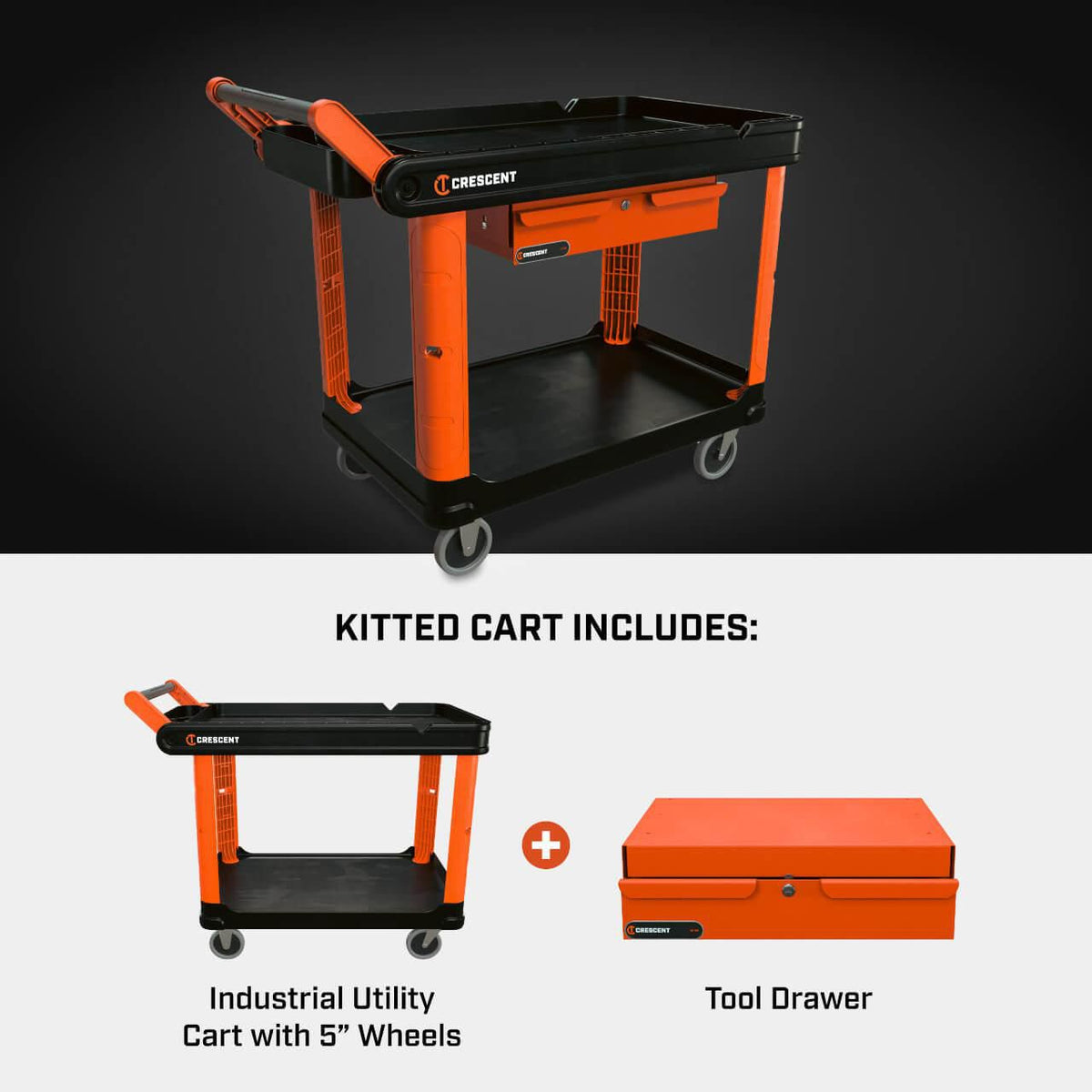 Crescent IUC2SCBM-STDR RAILWORKS 2 Shelf Industrial Utility Cart with 5" Hard Casters and Tool Drawer