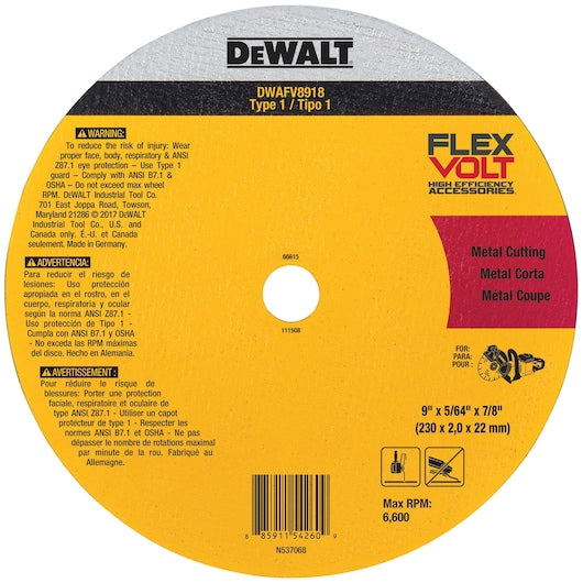 Dewalt DWAFV8918 Flexvolt® Ceramic Metal Cutoff Wheel Type 1