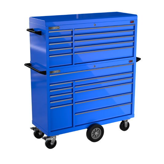 Champion Tool Storage FMP5421MC-BL 21-Drawer Standard Depth 54" FMPRO Combo Maintenance Cart | 54"W x 68"H x 20"D, Gloss Blue