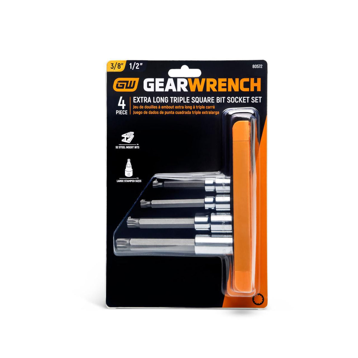 Gearwrench 80572 4 Piece 3/8" & 1/2" Drive Extra Long Triple Square Bit Metric Socket Set