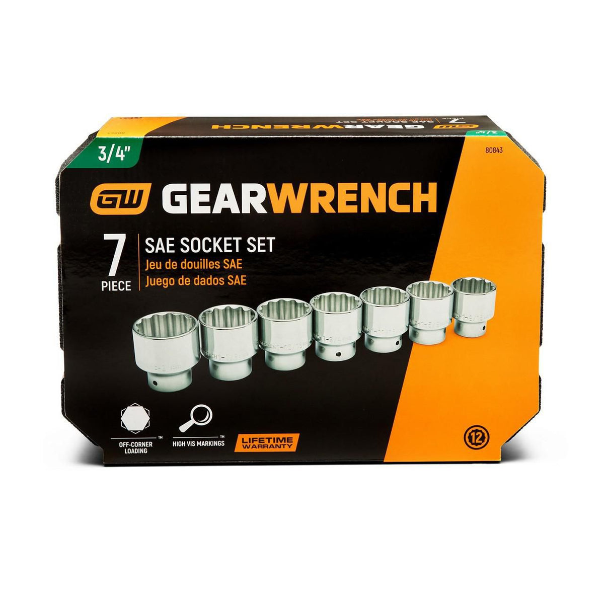 Gearwrench 80843 7 Piece 3/4" Drive 12 Point SAE Standard Length Socket Set