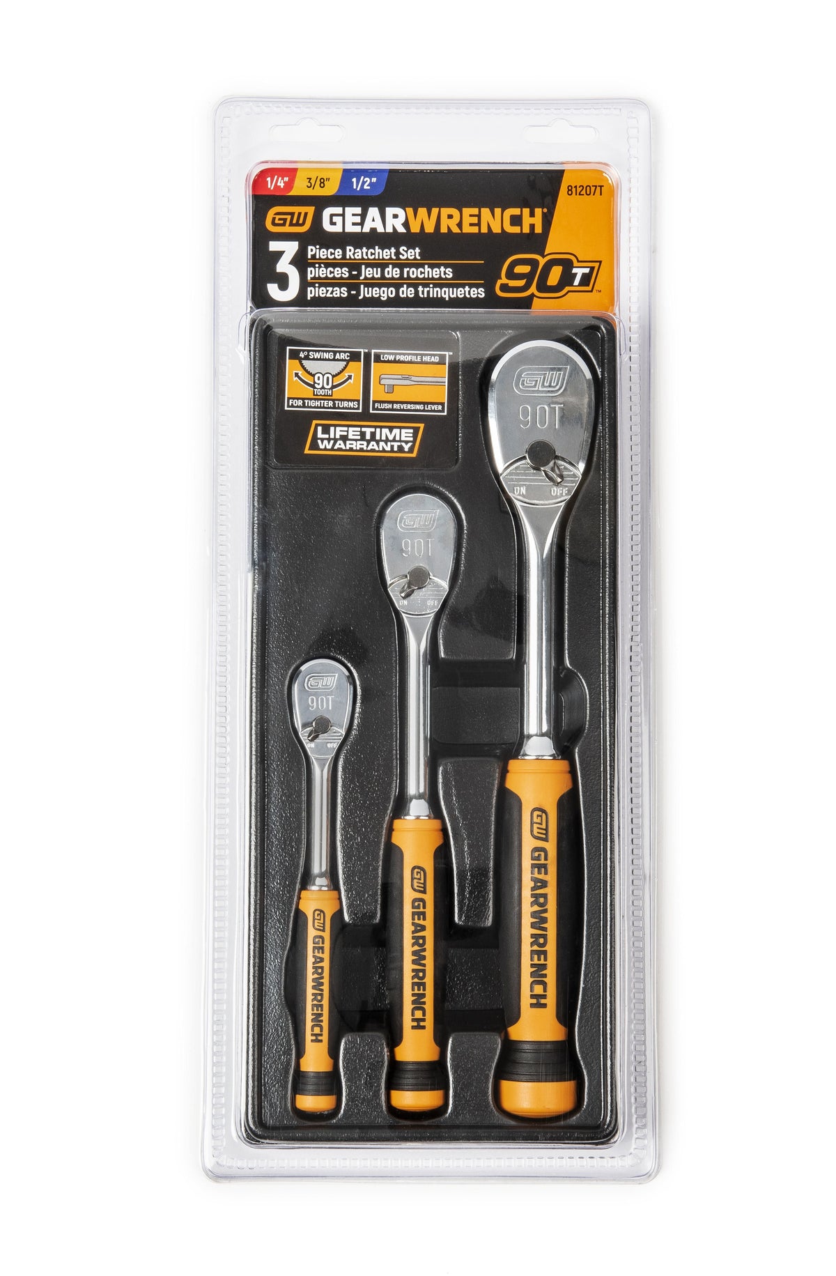 Gearwrench 81207T 3 Piece 1/4", 3/8" & 1/2" Drive 90-Tooth Dual Material Teardrop Ratchet Set