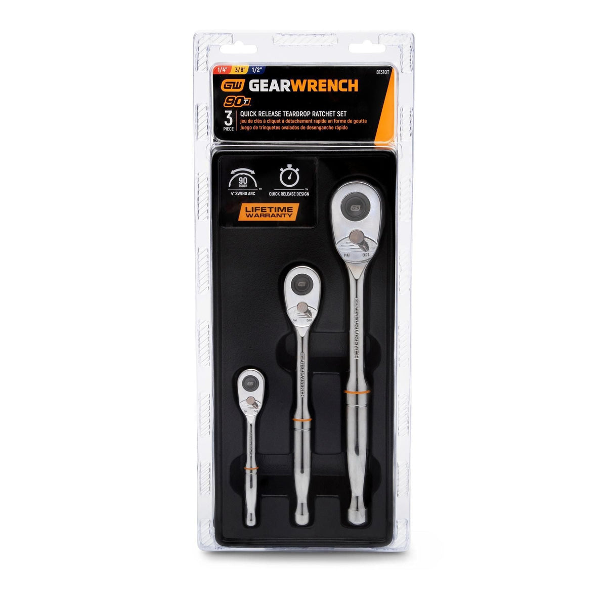 Gearwrench 81310T 3 Piece 1/4", 3/8” & 1/2" Drive 90-Tooth Quick Release Teardrop Ratchet Set