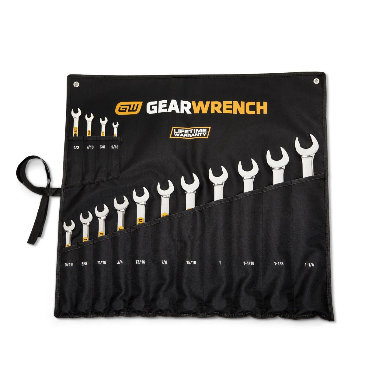 Gearwrench 81918H 15 Piece 12 Point SAE Hi-Viz Long Pattern Combination Wrench Set with Roll