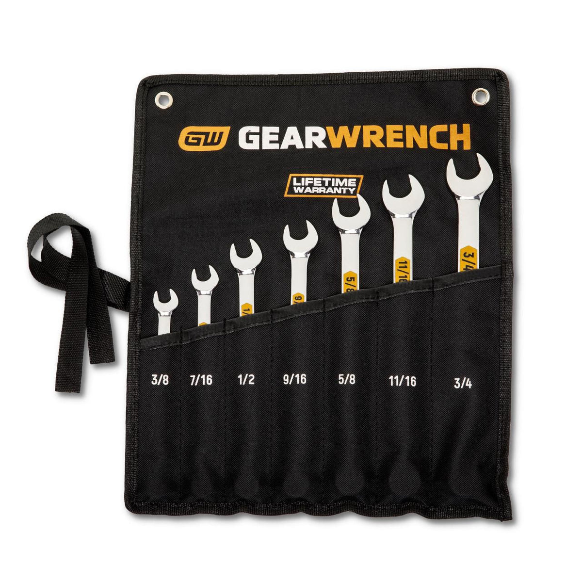 Gearwrench 81933H 7 Piece 12 Point SAE Hi-Viz Long Pattern Combination Wrench Set with Tool Roll