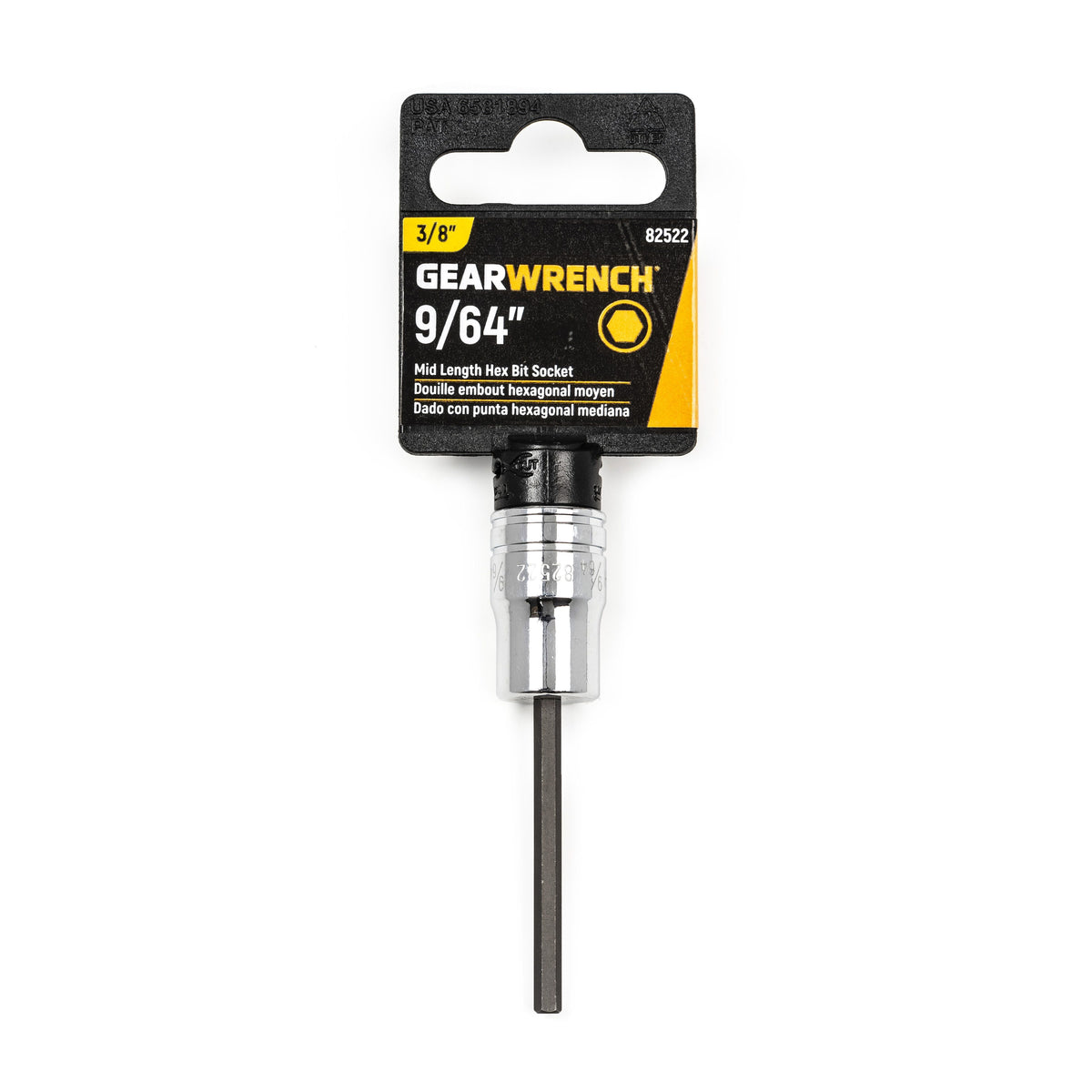 Gearwrench 82522 3/8" Drive Mid Length Hex Bit SAE Socket 9/64"
