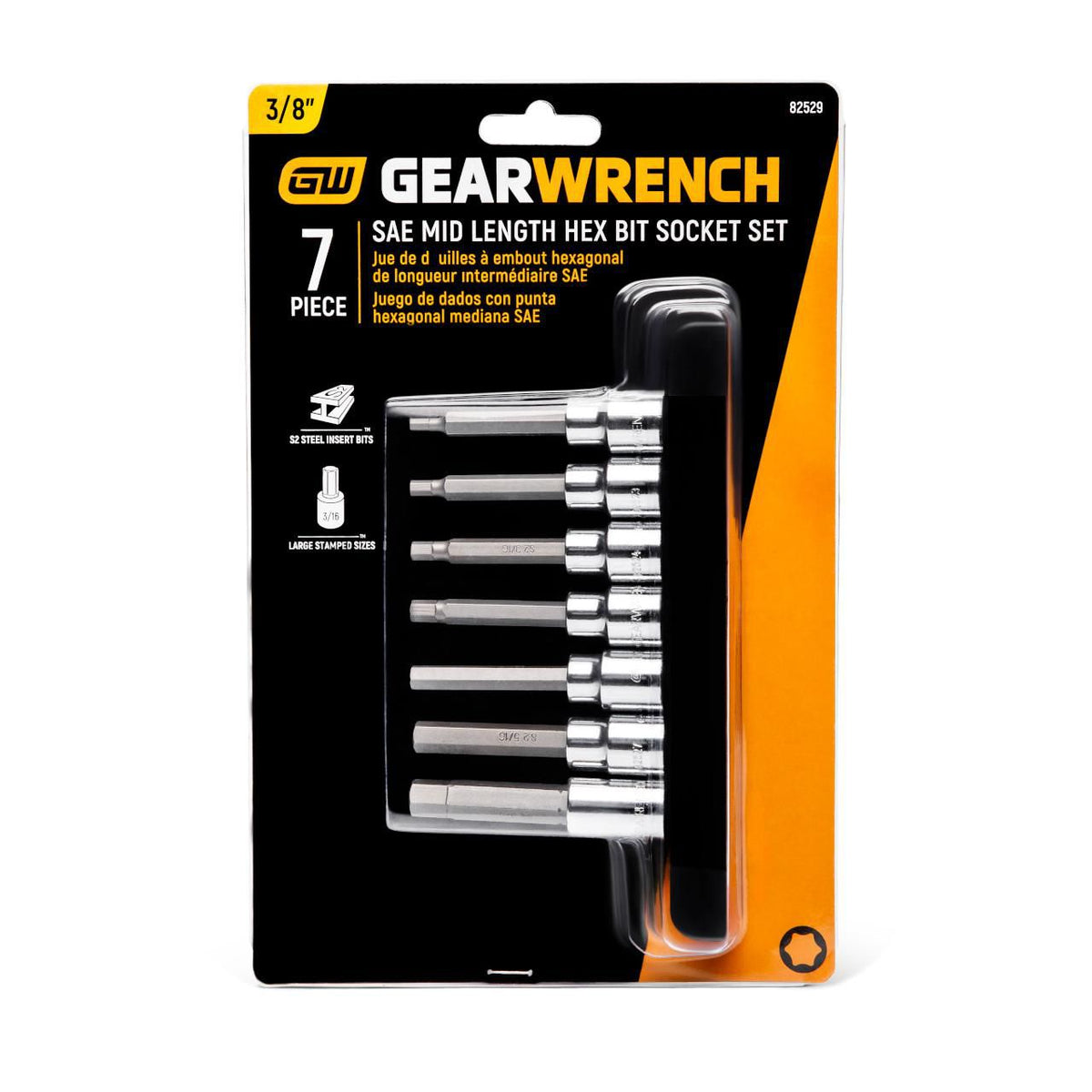 Gearwrench 82529 7 Piece 3/8" Drive Mid Length Hex Bit SAE Socket Set