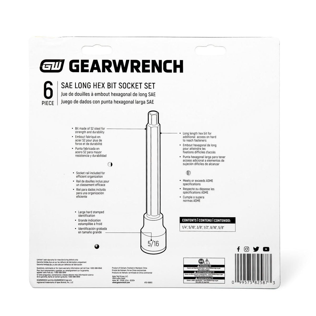Gearwrench 82587 6 Piece 1/2" Drive SAE Long Hex Bit Socket Set