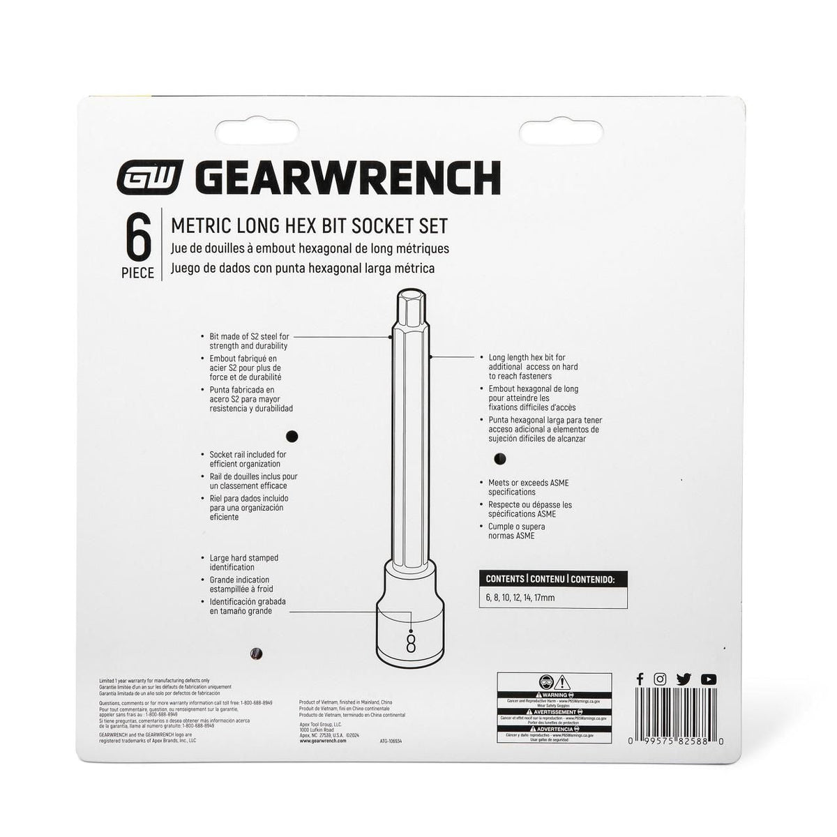 Gearwrench 82588 6 Piece 1/2" Drive Metric Long Hex Bit Socket Set
