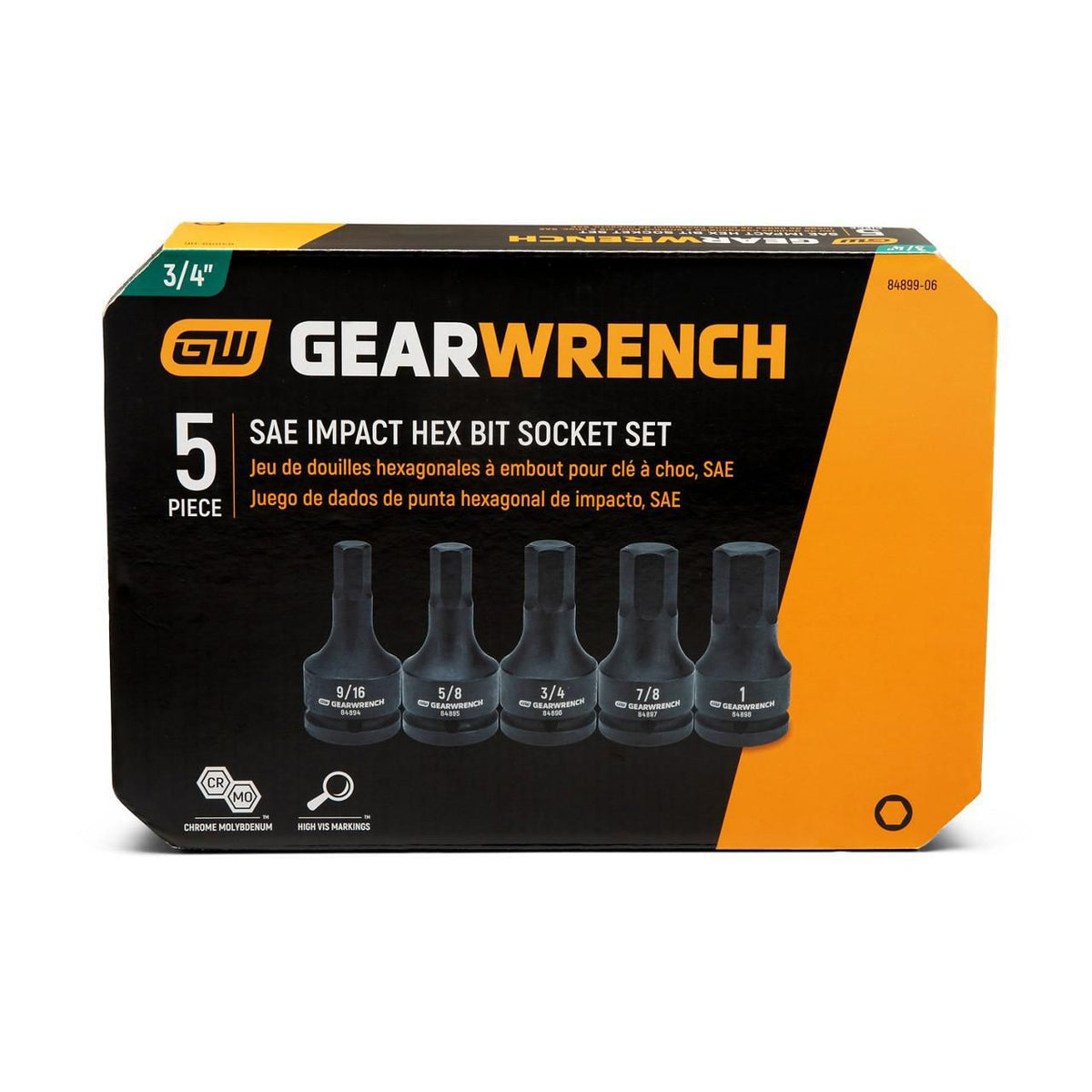 Gearwrench 84899 5 Piece 3/4" Drive SAE Impact Hex Bit Socket Set with Blow Mold Case