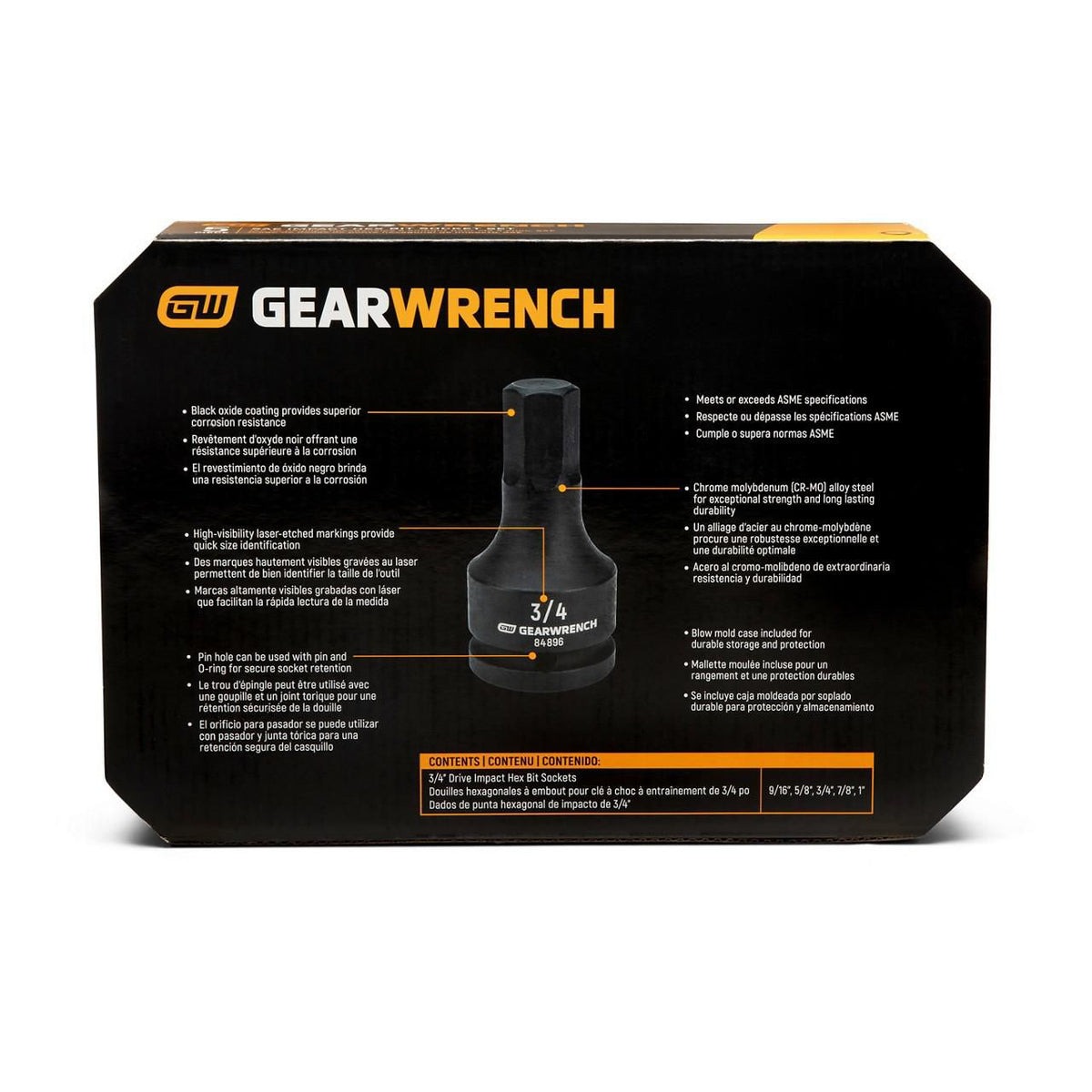 Gearwrench 84899 5 Piece 3/4" Drive SAE Impact Hex Bit Socket Set with Blow Mold Case