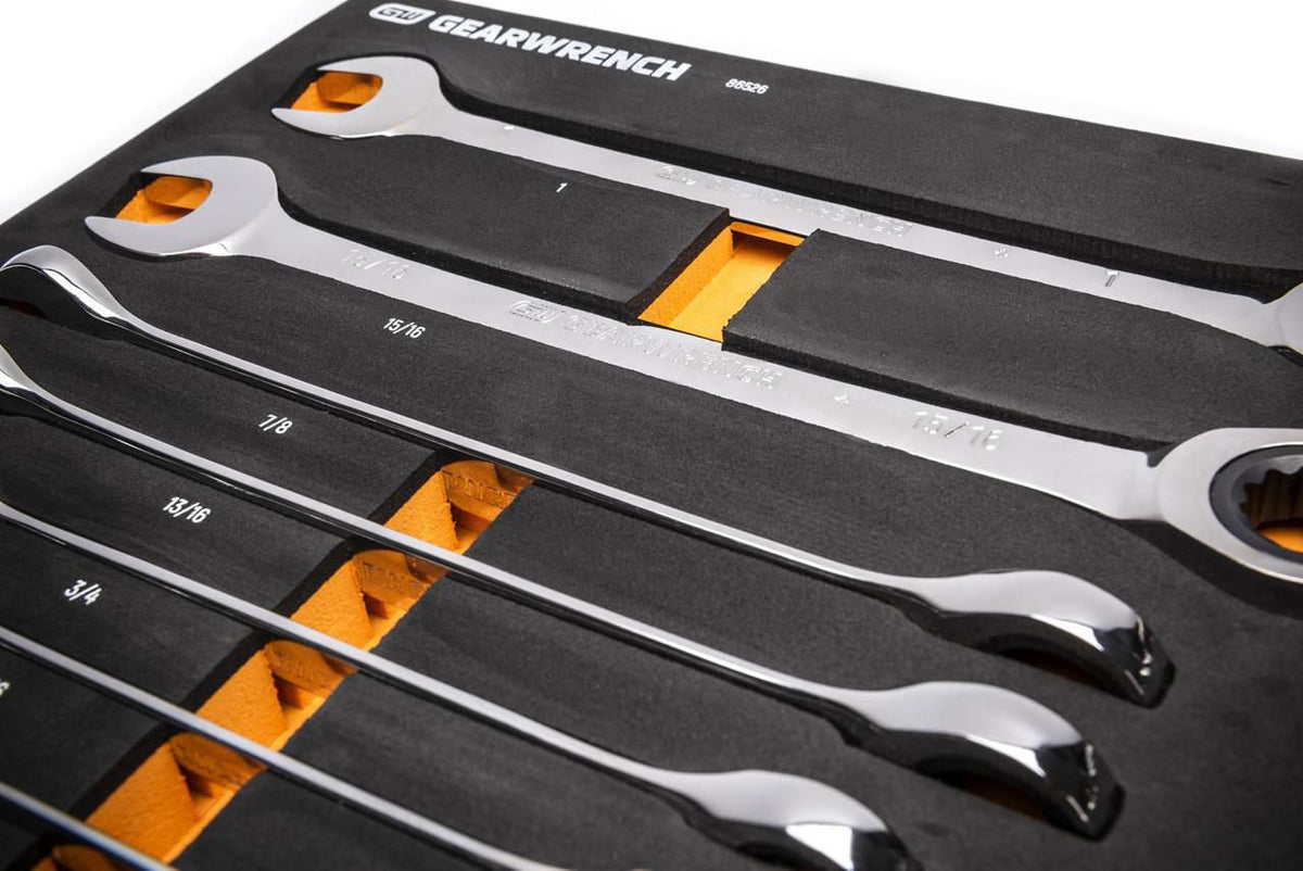 Gearwrench 86526 21 Piece 72-Tooth 12 Point SAE Standard and Stubby Combination Ratcheting Wrench Set with Foam Storage Tray