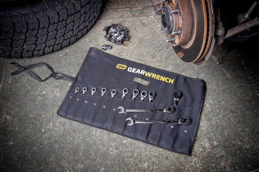 Gearwrench 86628 12 Piece 90-Tooth 12 Point Metric Reversible Ratcheting Wrench Set with Wrench Roll