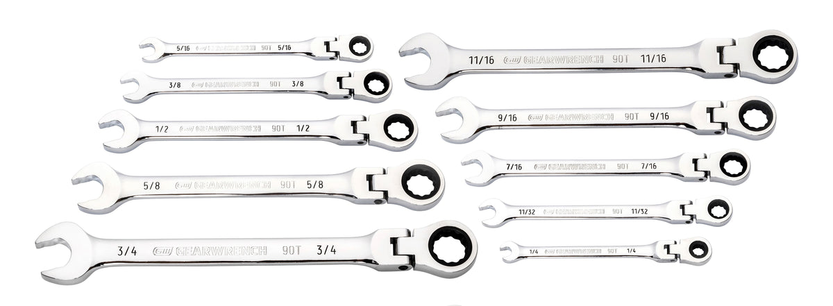 Gearwrench 86758 10 Piece 90-Tooth 12 Point Flex Head Ratcheting Combination SAE Wrench Set