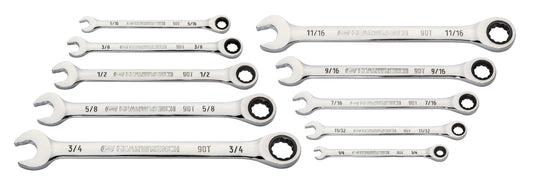 Gearwrench 86958 10 Piece 90-Tooth 12 Point SAE Combination Ratcheting Wrench Set