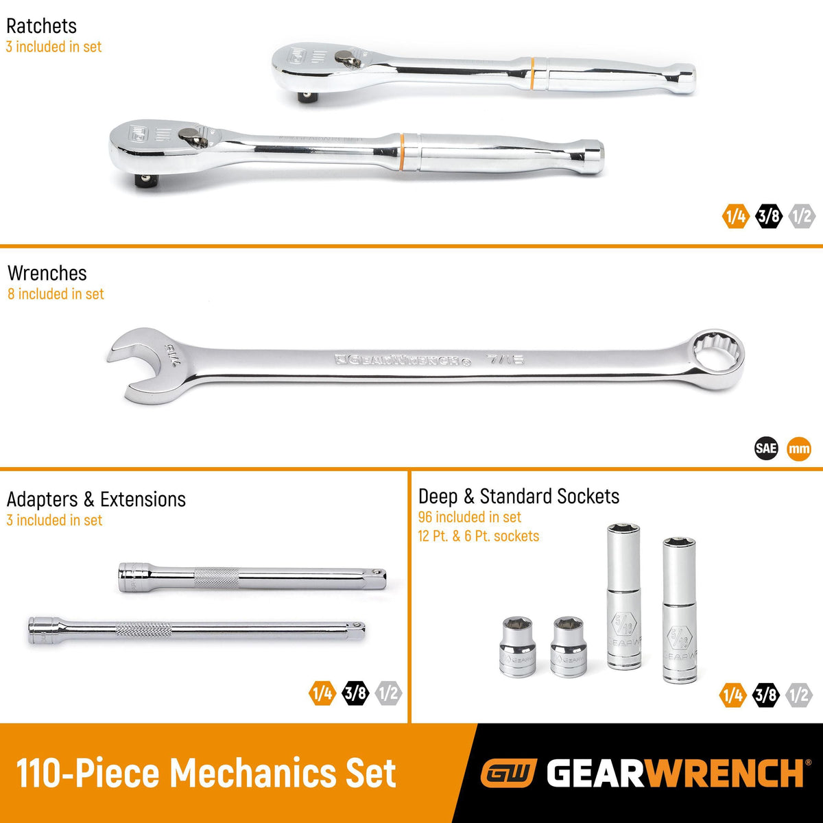 Gearwrench 89058 110 Piece 1/4", 3/8" & 1/2" Drive 6 & 12 Point Standard & Deep SAE/Metric Mechanics Tool Set