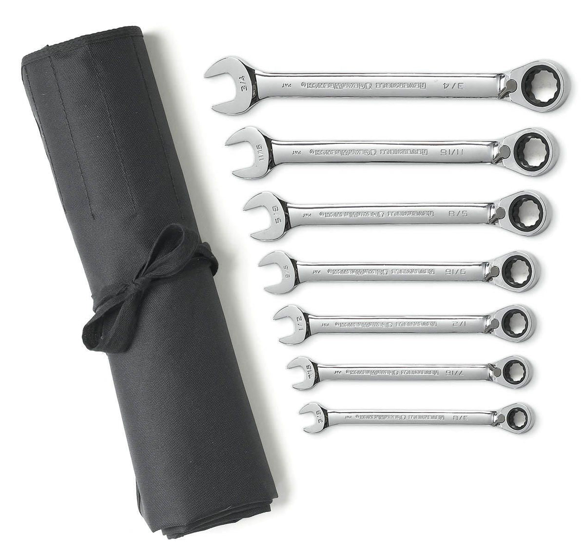 Gearwrench 9567RN 7 Piece 72-Tooth 12 Point Reversible Ratcheting Combination SAE Wrench Set with Tool Roll