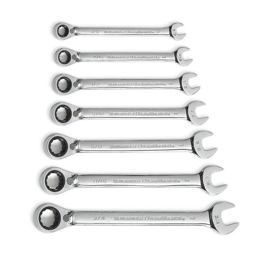 Gearwrench 9567RN 7 Piece 72-Tooth 12 Point Reversible Ratcheting Combination SAE Wrench Set with Tool Roll