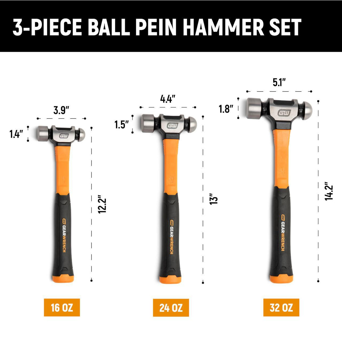 Gearwrench GWH3PCBP 3 Piece Ball Pein Hammer with Fiberglass Handles Set