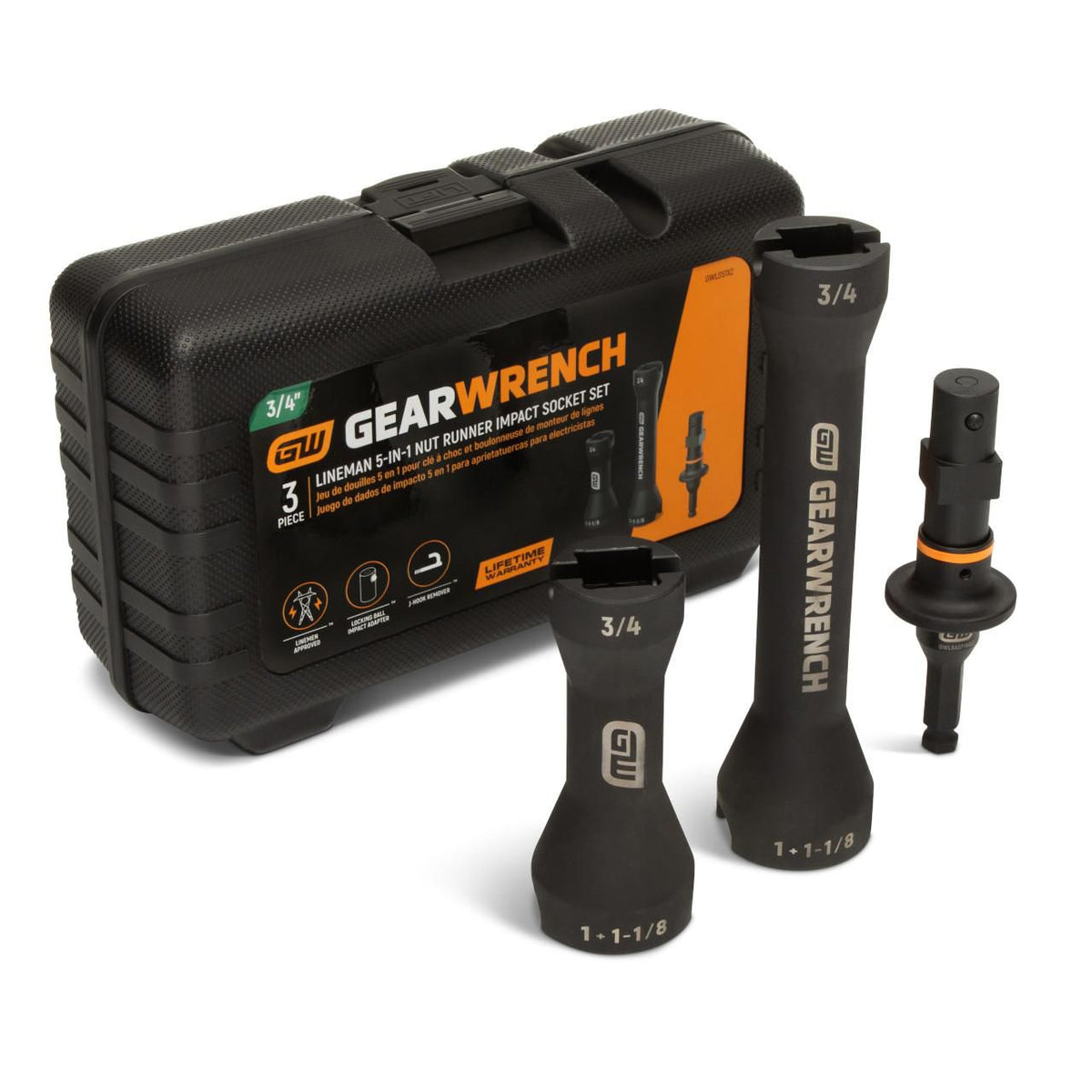 Gearwrench GWLS51X2 3 Piece 5-in-1 Lineman Nut Runner Impact Socket & Adapter Set