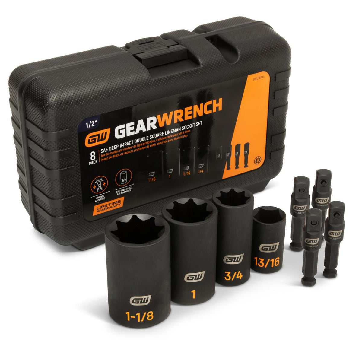 Gearwrench GWLS8PX4 8 Piece 8 Point Lineman Double Square Deep SAE Impact Socket Set