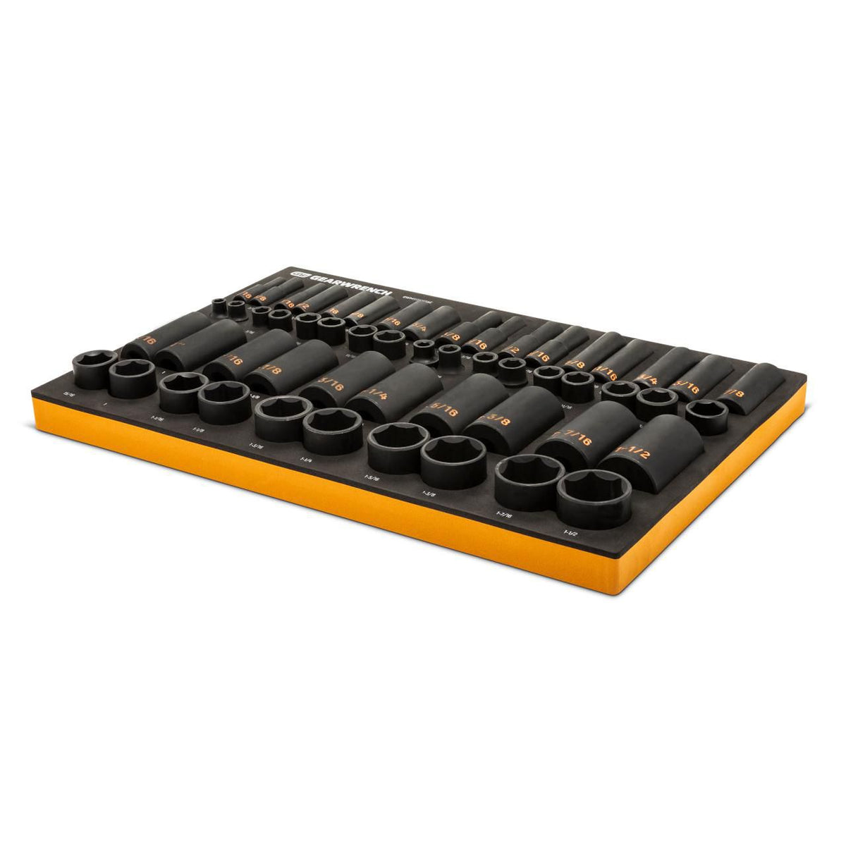 Gearwrench GWMSISKHSAE 54 Piece 3/8” & 1/2” Drive 6 Point SAE Standard & Deep Hi-Viz Impact Socket Set in Foam Storage Tray