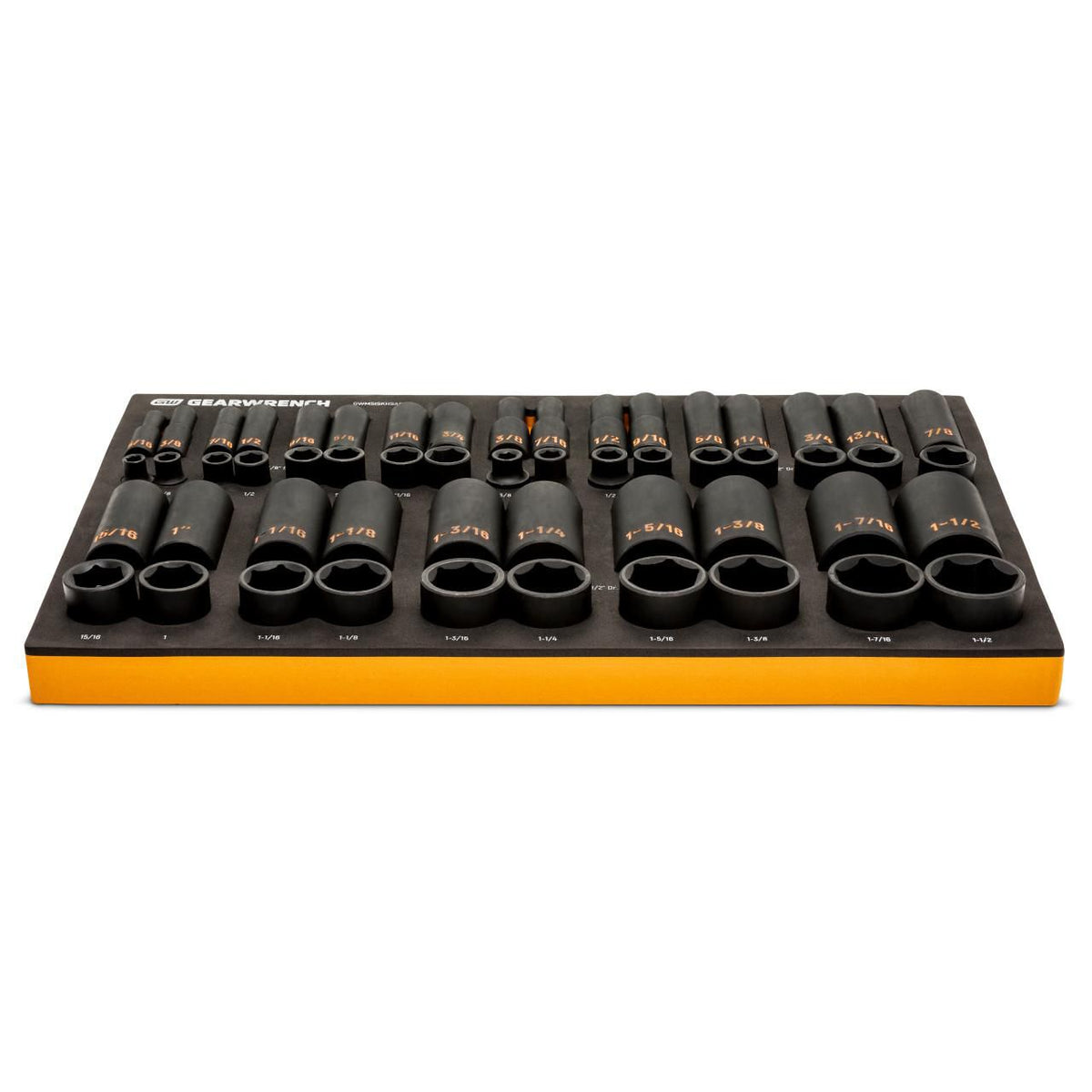 Gearwrench GWMSISKHSAE 54 Piece 3/8” & 1/2” Drive 6 Point SAE Standard & Deep Hi-Viz Impact Socket Set in Foam Storage Tray