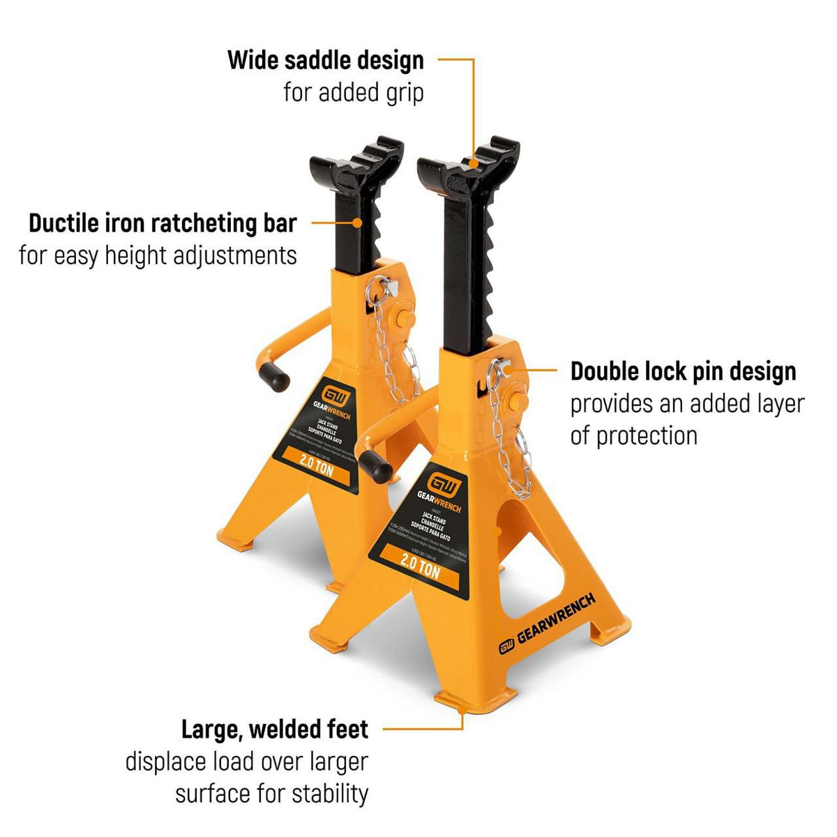 Gearwrench GWJS2T 2-Ton Heavy-Duty Jack Stands - 2 Per Pack