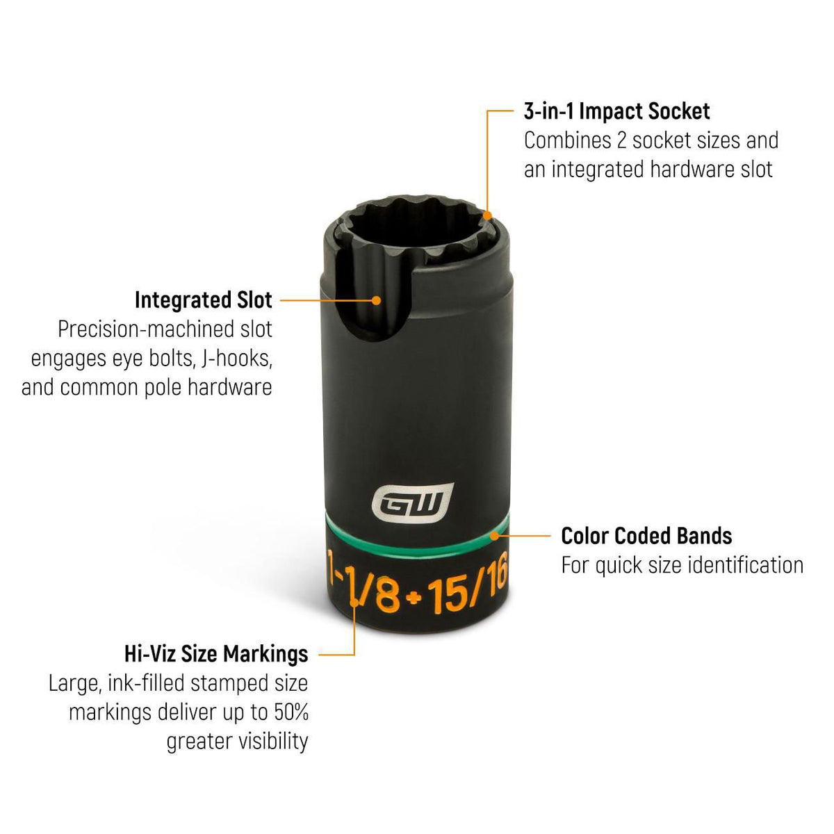 Gearwrench GWLS1181516J 1/2" Drive 3-in-1 Lineman 15/16" x 1-1/8" 12 Point Slotted Deep Impact Socket