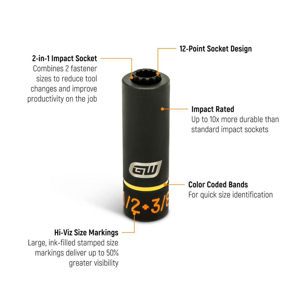 Gearwrench GWLS1238 3/8" x 1/2" Lineman 2-in-1 12 Point Impact Socket