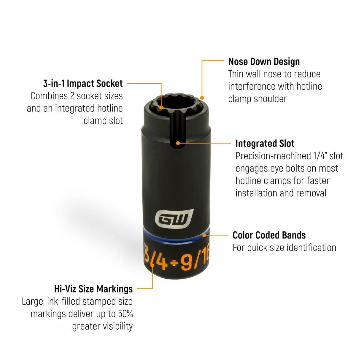 Gearwrench GWLS34916J 1/2" Drive 3-in-1 Lineman 9/16" x 3/4" 12 Point Slotted Deep Impact Socket