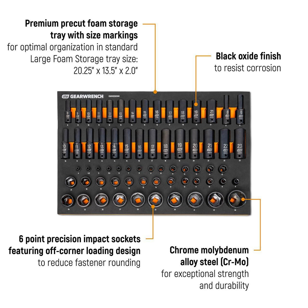 Gearwrench GWMSISKMM 66 Piece 1/4”, 3/8”, 1/2” Drive 6 Point Metric Impact Socket Set in Foam Storage Tray