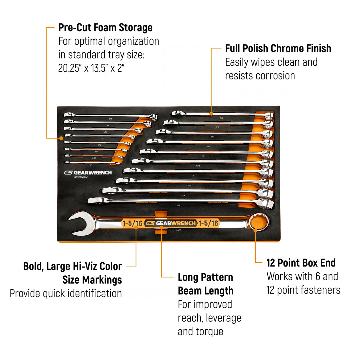 Gearwrench GWMSSWHSAE 19 Piece 12 Point SAE Hi-Viz Long Pattern Combination Wrench Set in Foam Storage Tray