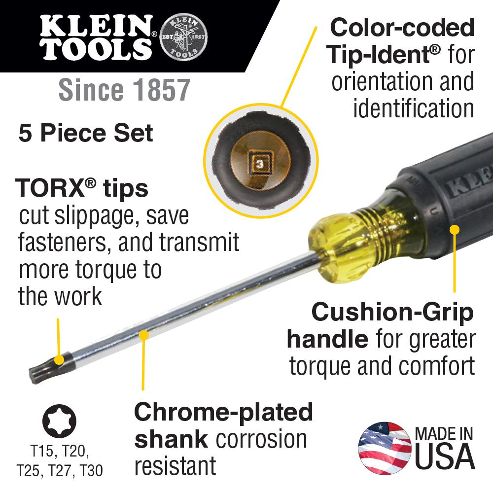 Klein Tools 19555 Screwdriver Set, Torx® Cushion Grip, 5-Piece