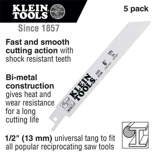 Klein Tools 31727 Reciprocating Saw Blades, 14 Tpi, 6-Inch, 5-Pack