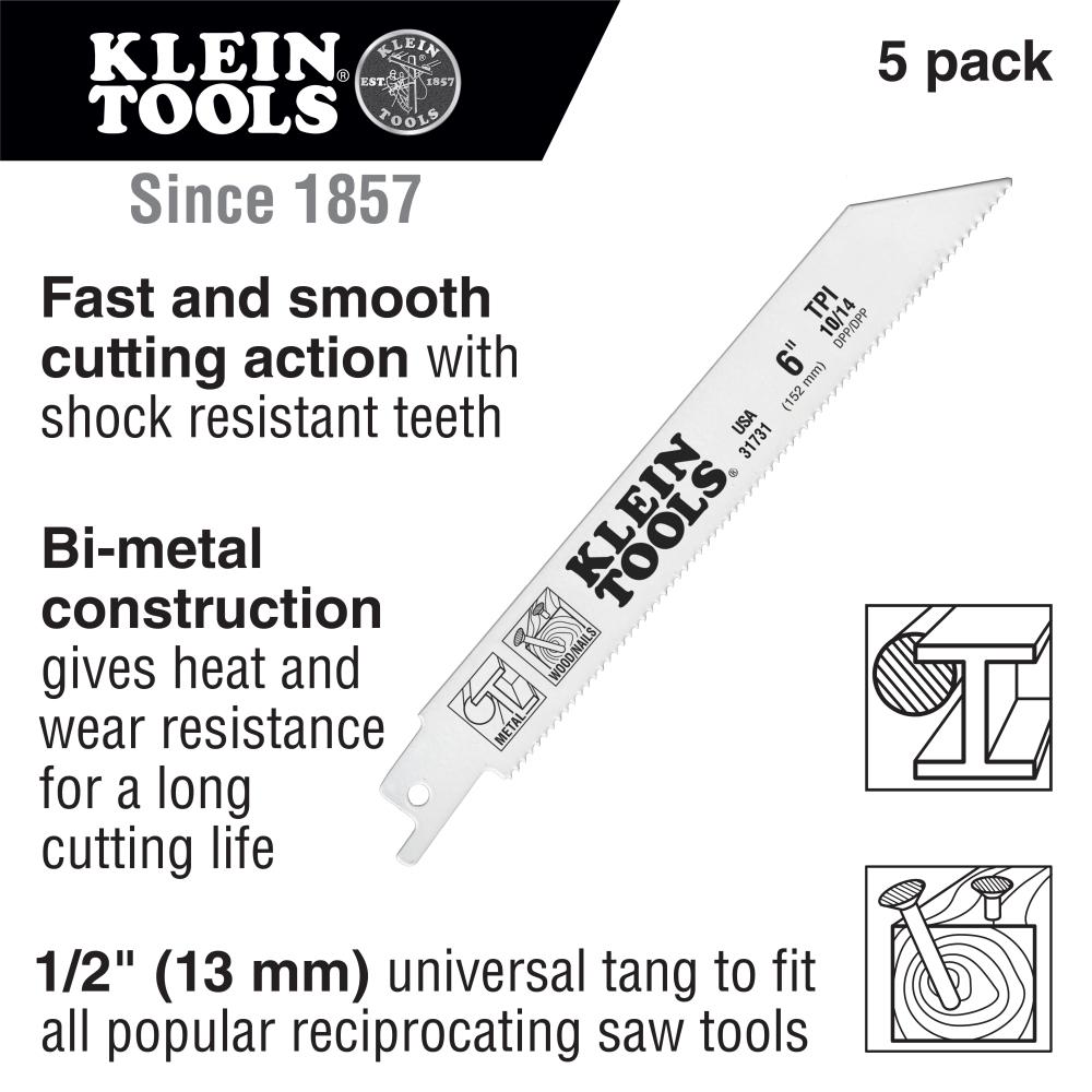 Klein Tools 31731 Reciprocating Saw Blades, 10/14 Tpi, 6-Inch, 5-Pack