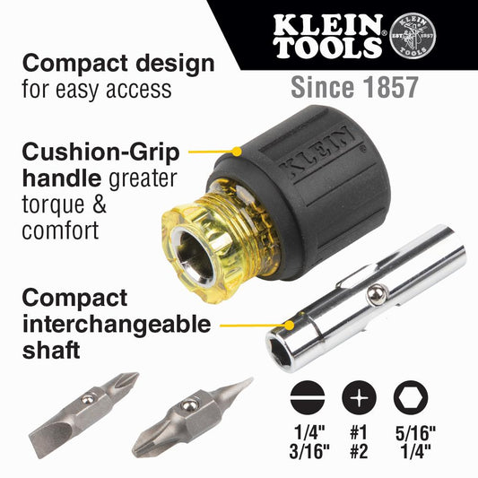 Klein Tools 32561 Multi-Bit Screwdriver / Nut Driver, 6-In-1, Stubby, Ph, Sl Bits