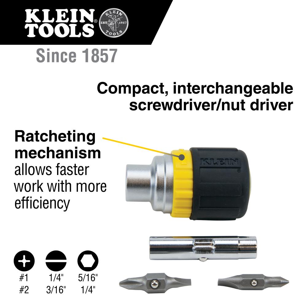 Klein Tools 32593 Multi-Bit Ratcheting Screwdriver, 6-In-1, Stubby, Ph, Sl, Nut Bits