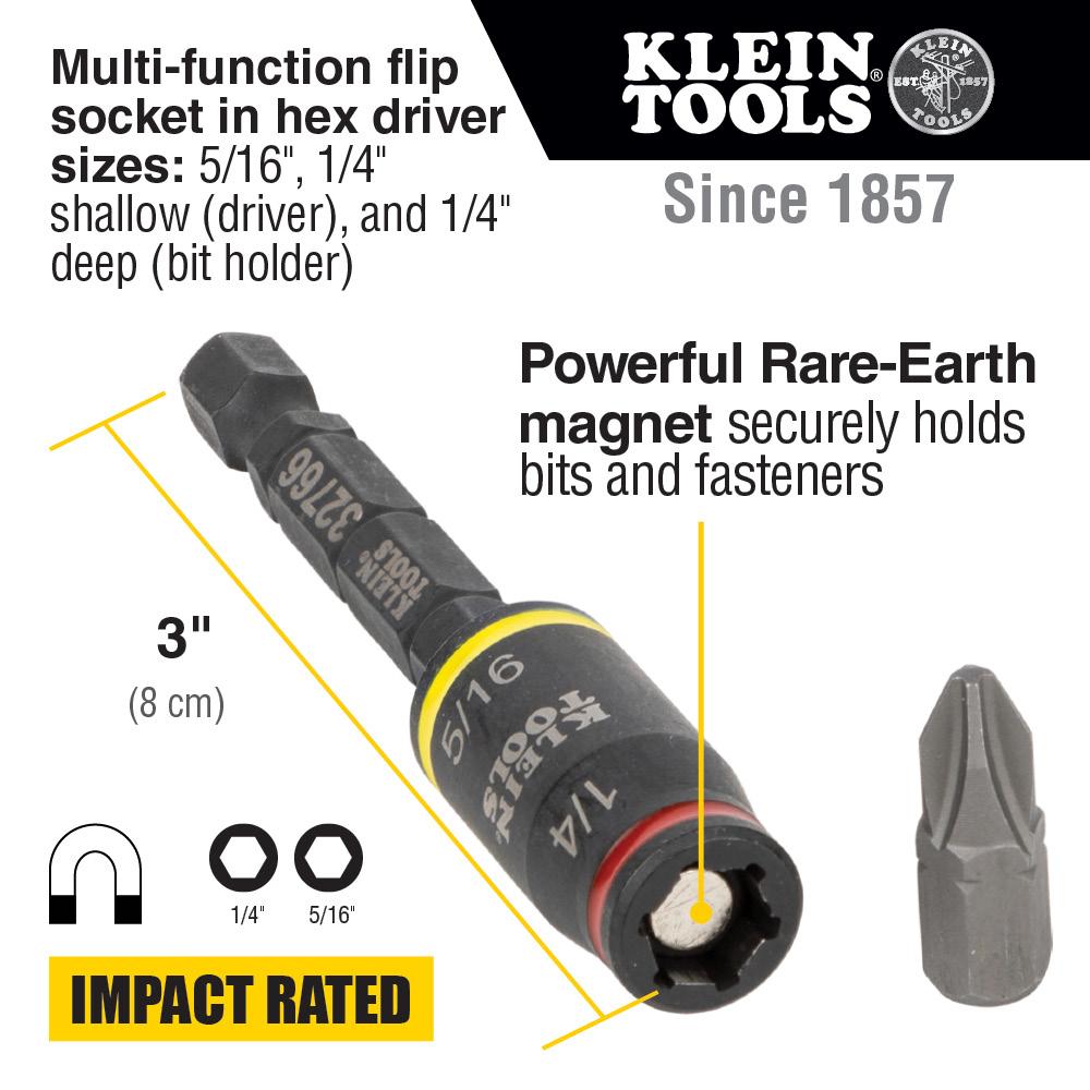 Klein Tools 32766 3-In-1 Impact Flip Socket, 1/4-Inch, 5/16-Inch, 3-Inch Length