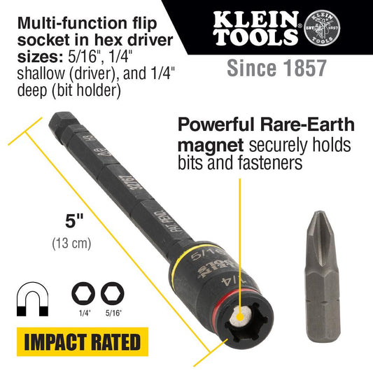 Klein Tools 32767 3-In-1 Impact Flip Socket, 1/4-Inch, 5/16-Inch, 5-Inch Length