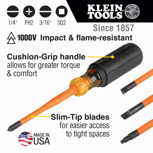 Klein Tools 33734INS Screwdriver Set, Slim-Tip Insulated Phillips, Cabinet, Square, 4-Piece